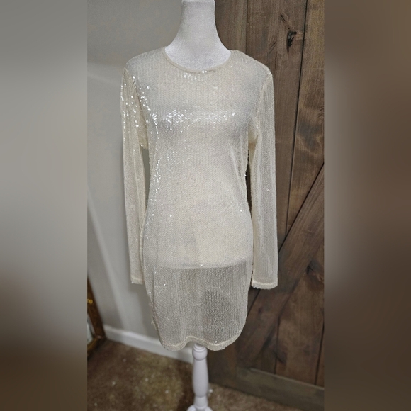 NASTY GAL Sheer Sequin Detail Long Sleeve Mini Shift Dress Off White.Size 4 NWT - Picture 4 of 15
